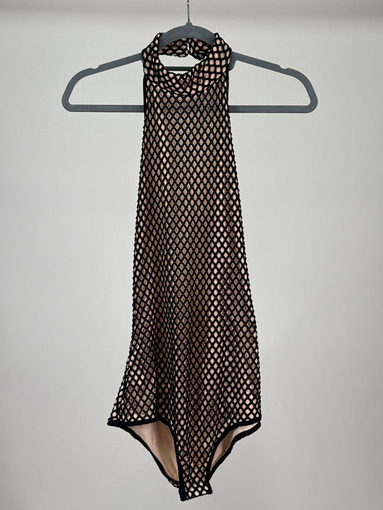 Glamorous Halter Neck Bodysuit with Net in Black Nude