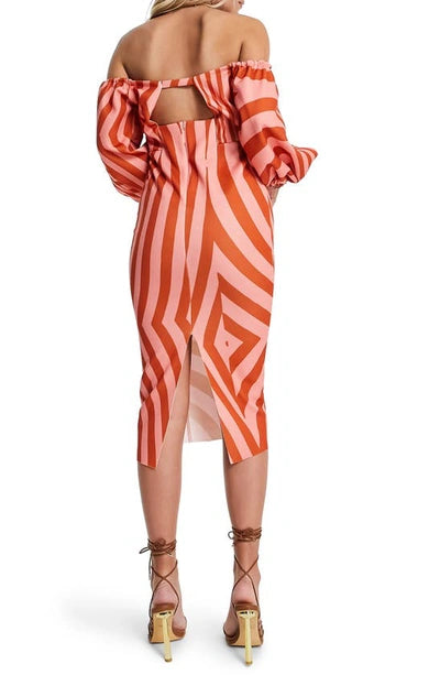 Asos Design Bardot Blouson Sleeve Midi Pencil Multi