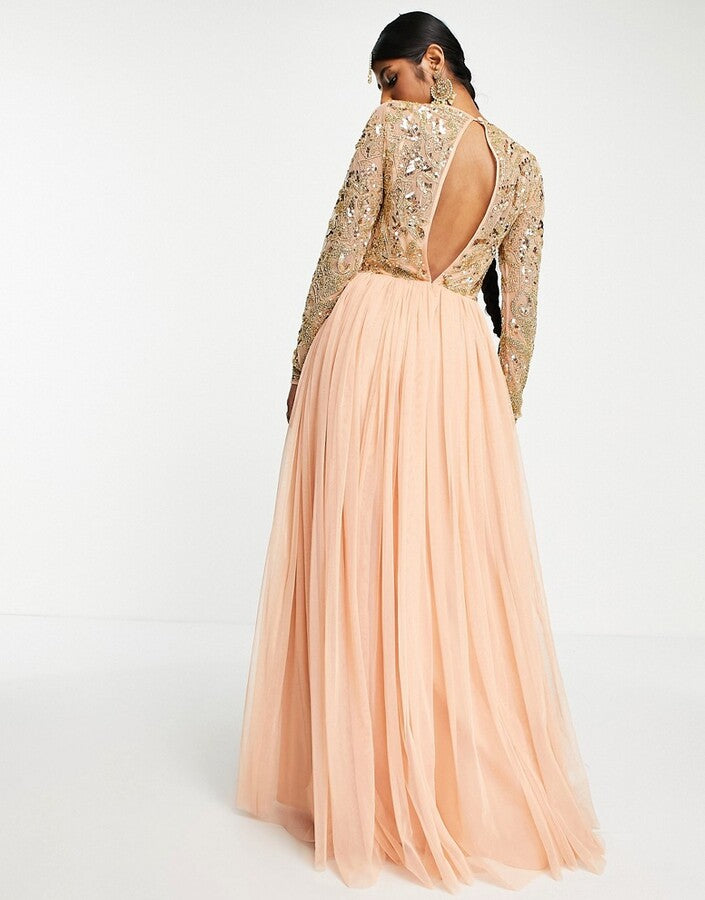 ASOS Design Anarkali Beaded Bodice Maxi Dress in Apricot