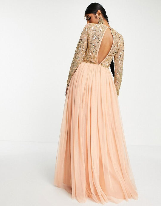 ASOS Design Anarkali Beaded Bodice Maxi Dress in Apricot