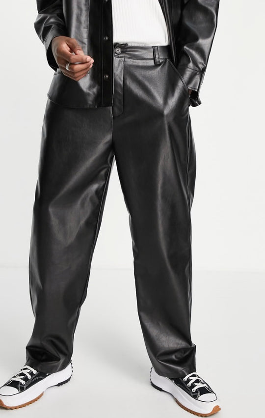 Reclaimed Vintage inspired leather look dad trousers in black