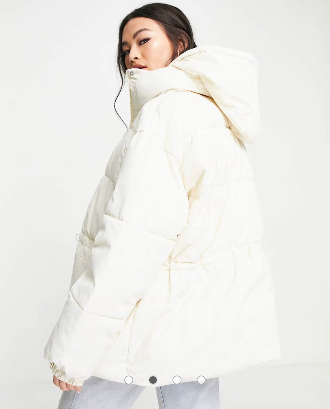 Missguided Playboy cinched waist hooded puffer jacket in stone