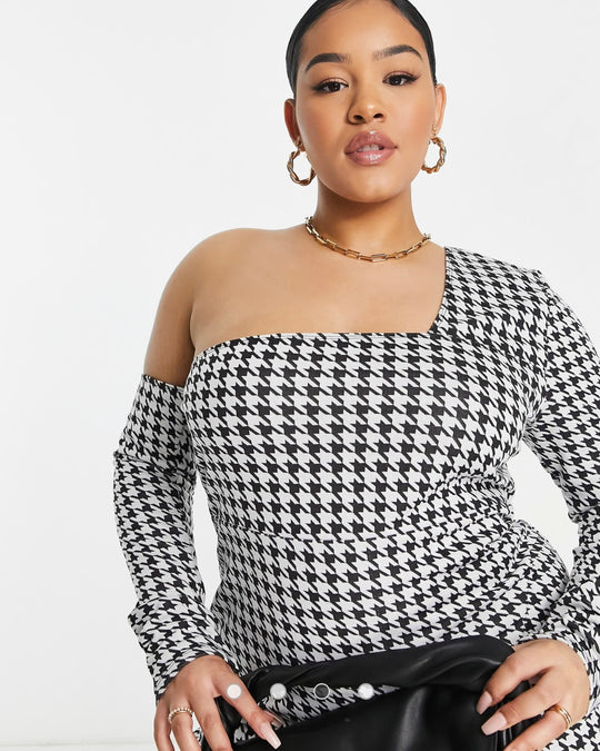 ASOS DESIGN Curve one shoulder long sleeve midi dress with split in mono dogtooth