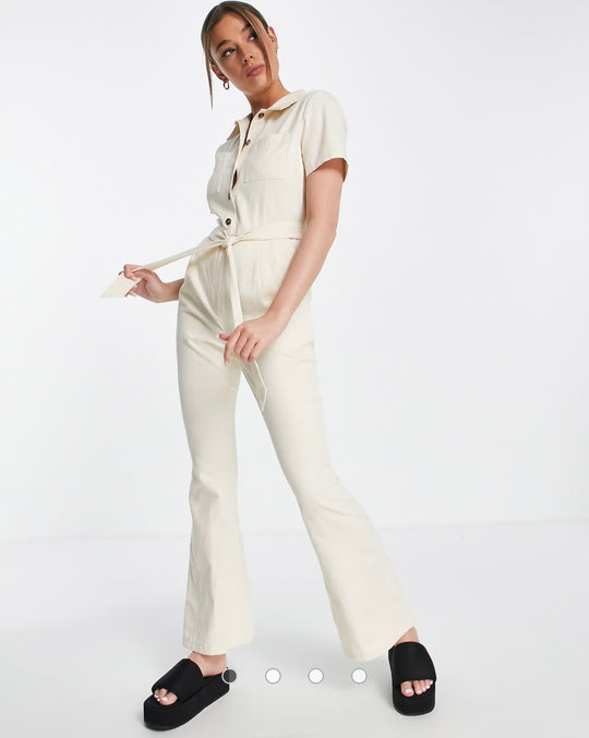 ASOS DESIGN twill 70s kickflare boilersuit in cream