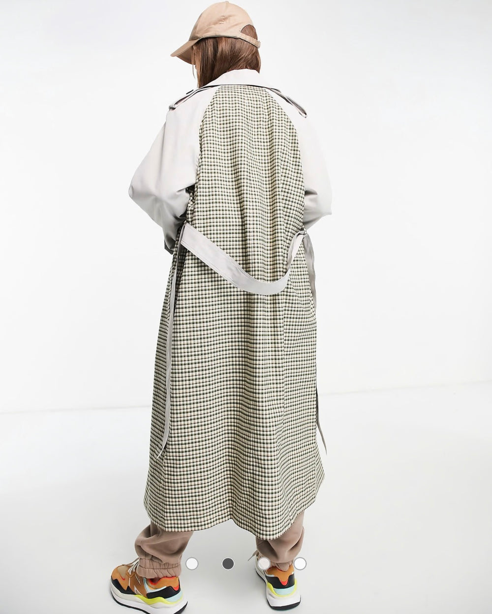 ASOS DESIGN Curve spliced check trench coat in khaki check
