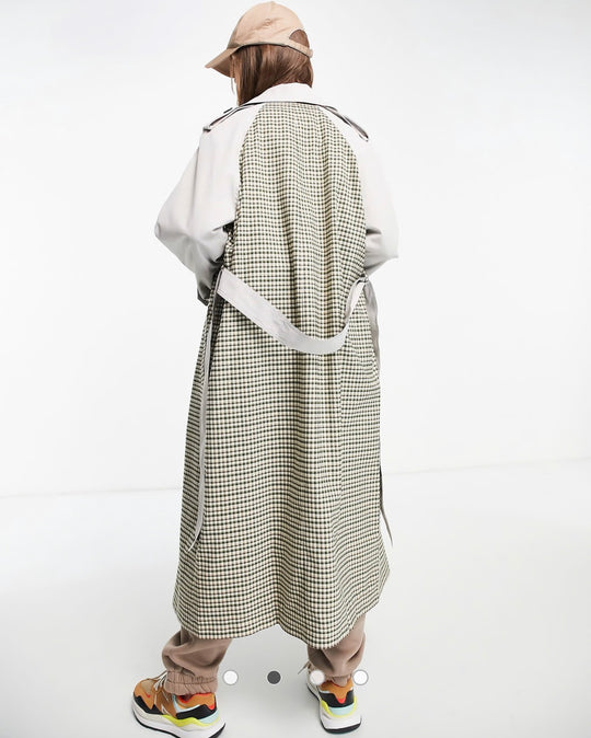 ASOS DESIGN Curve spliced check trench coat in khaki check