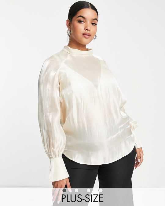 Pretty Lavish Curve high neck organza blouse in champagne metallic