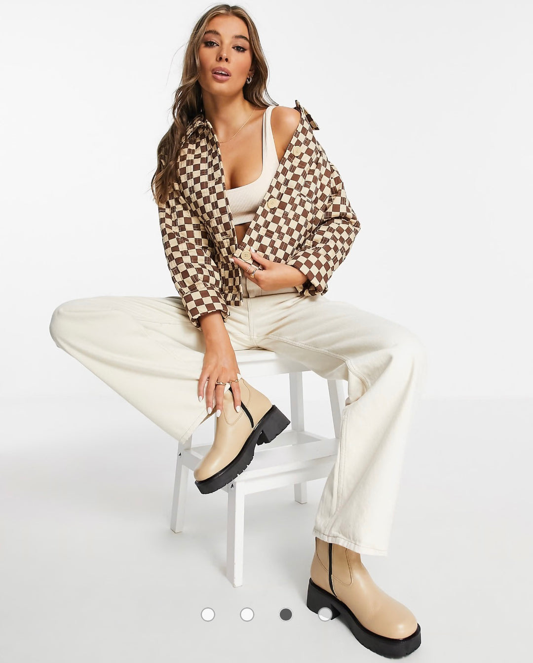 Monki Nicco cotton jacket in brown checkerboard print