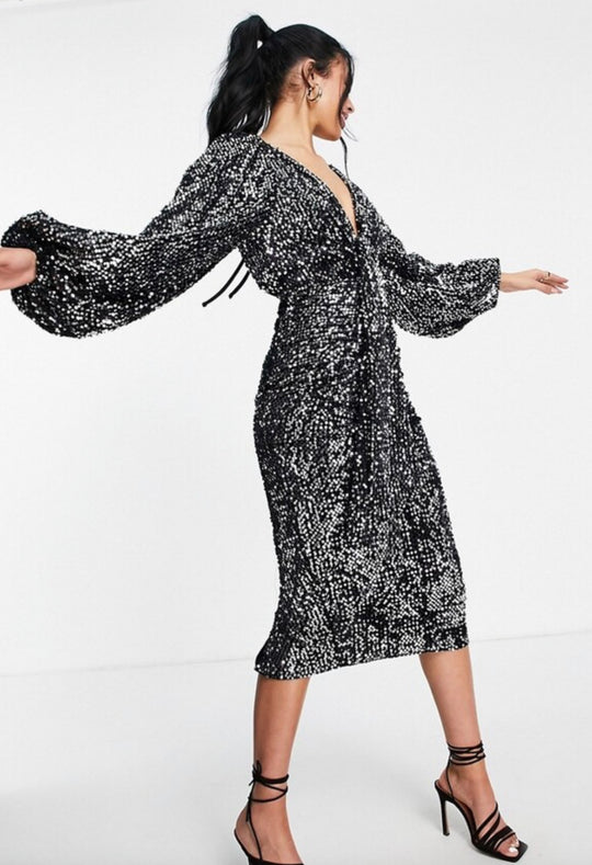 ASOS DESIGN Tall sequin balloon sleeve plunge midi dress in Black