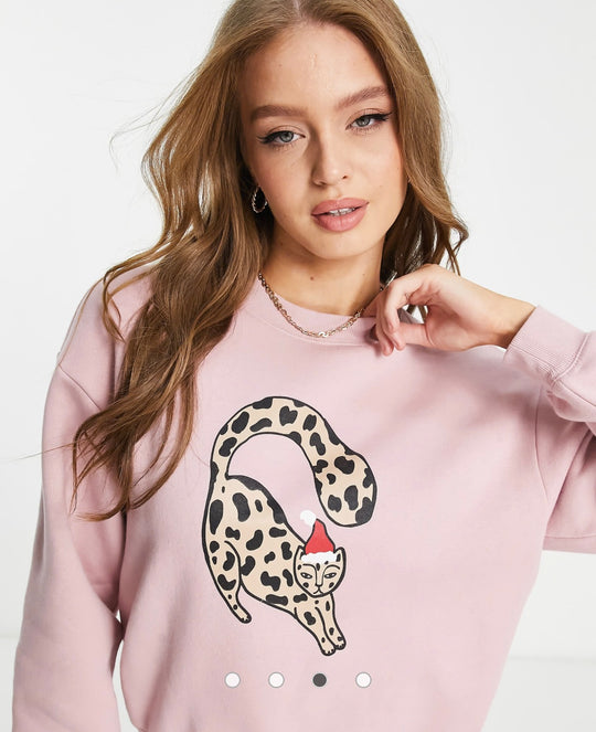 Monki Christmas jumper in pink cat print