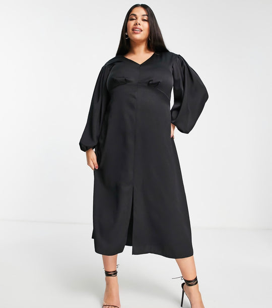 Closet London Plus empire waist volume sleeve midi dress in black