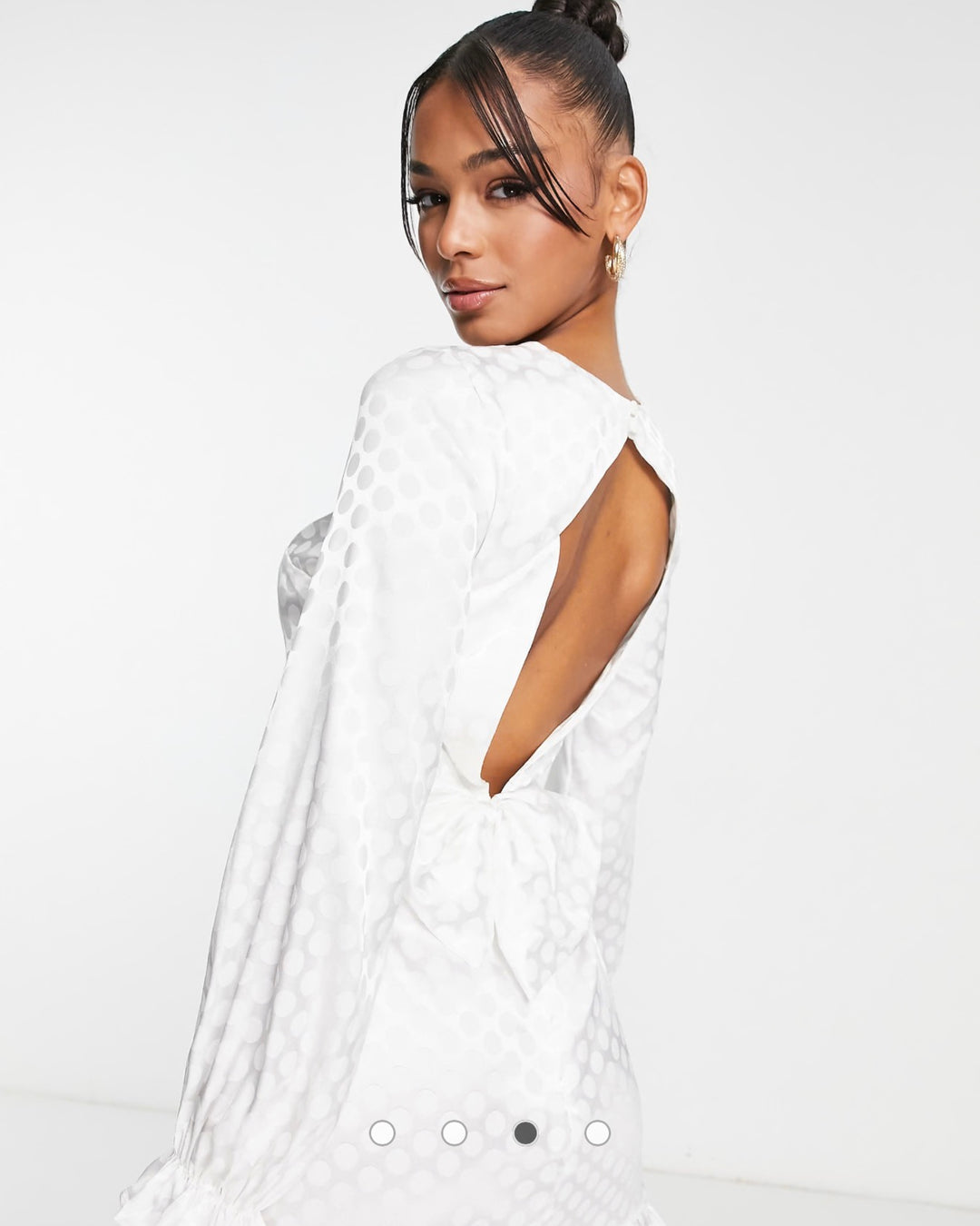 Blume Bridal satin spot mini dress with bow back in white