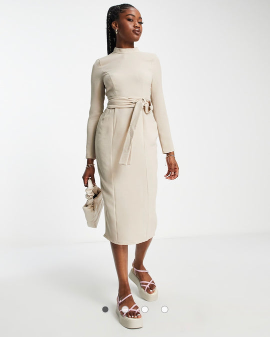 ASOS DESIGN long sleeve midi dress with obi belt in stone