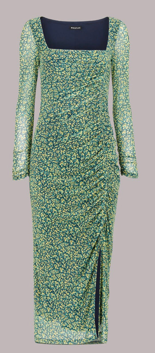 Whistles ruched midi dress in dark sunflower flora
