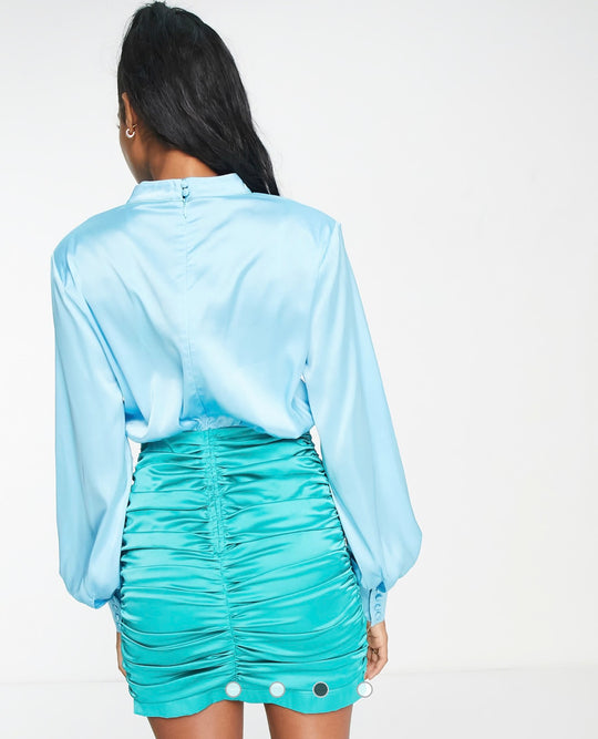 In The Style x Billie Faiers satin contrast high neck ruched skirt mini dress in blue multi
