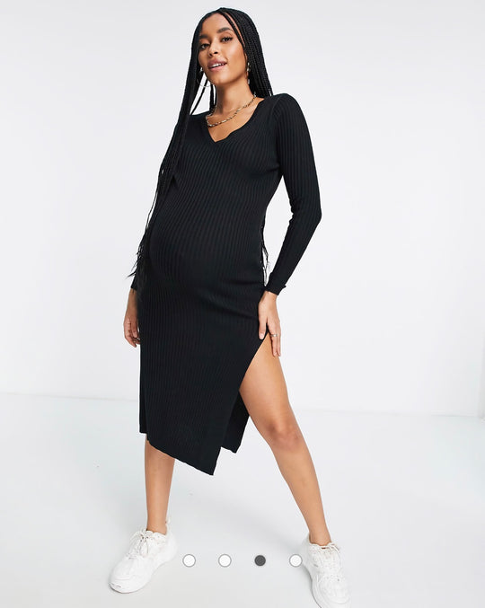 ASOS DESIGN Maternity knitted dress with v neck in rib in black