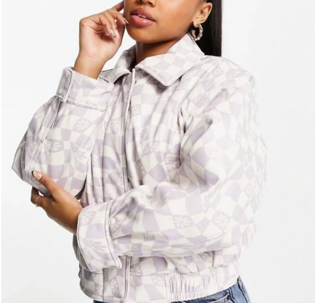 ASOS DESIGN printed leather look bomber jacket in blue