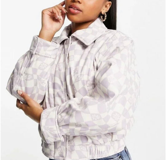 ASOS DESIGN printed leather look bomber jacket in blue