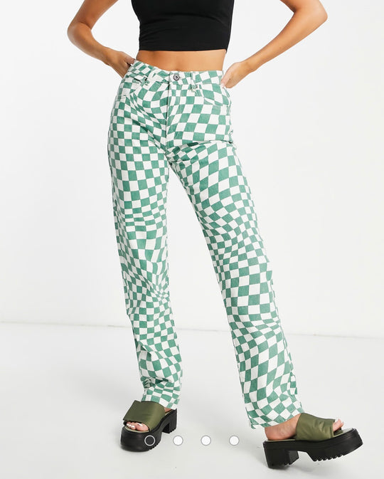 Cotton On Green Checkerboard Long Straight Jean