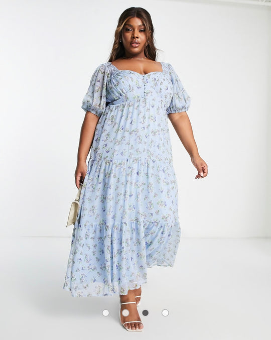 ASOS DESIGN maternity open back lace insert midi tea dress in blue ditsy floral