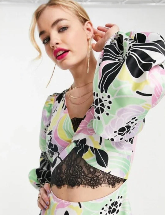 ASOS DESIGN lace insert satin midi tea dress in bold floral print