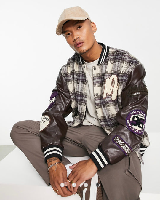 ASOS DESIGN oversized varsity bomber jacket in brown check