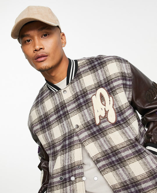 ASOS DESIGN oversized varsity bomber jacket in brown check
