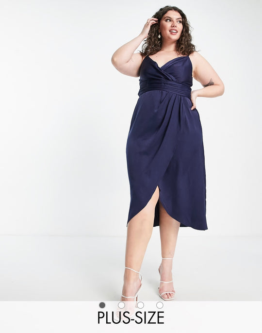 Little Mistress Bridesmaid Plus satin wrap dress in navy