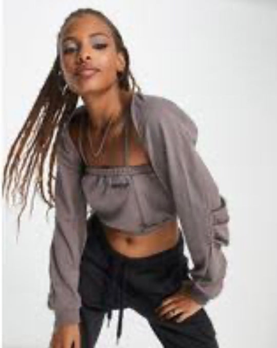 Urban Revivo long sleeve square neck crop top in brown-black