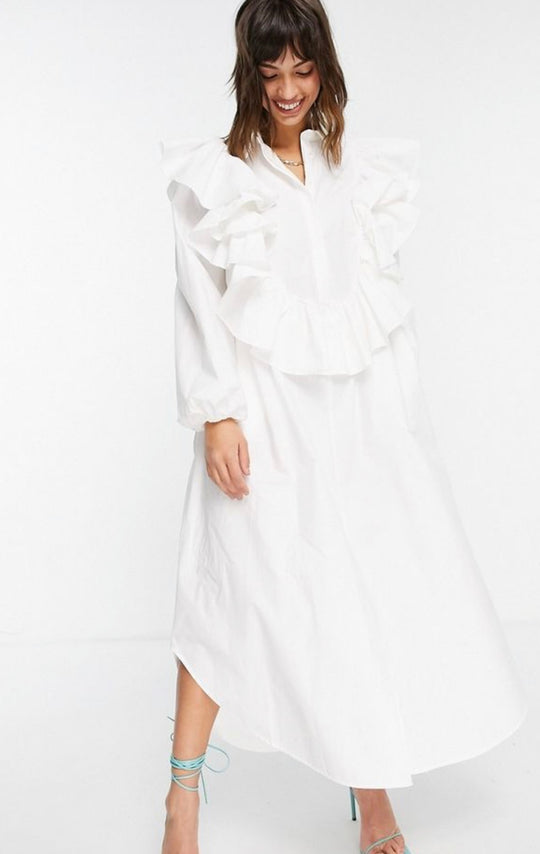 ASOS EDITION oversized shirt dress with ruffle detail in white