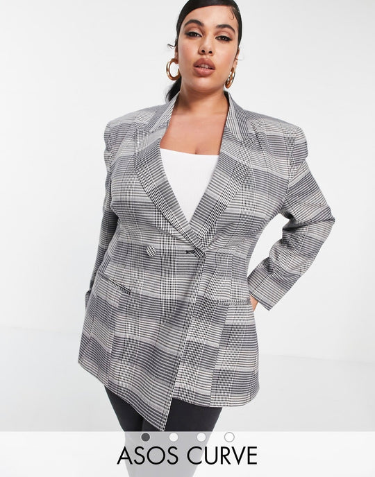 ASOS DESIGN Curve premium moulded hip suit blazer in check