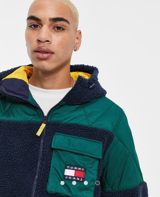 Tommy Jeans sherpa quilt hybrid hooded jacket in green/navy