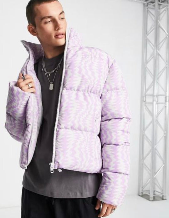ASOS DESIGN puffer jacket in purple squiggle print