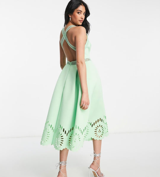 ASOS DESIGN cut work midi dress with scallop hem in green ash