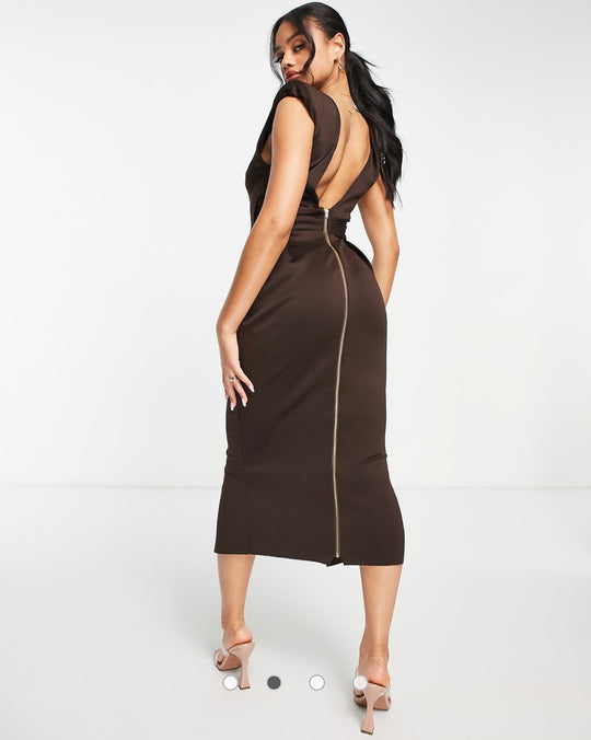 ASOS DESIGN tuck midi pencil dress with shoulder pads in chocolate