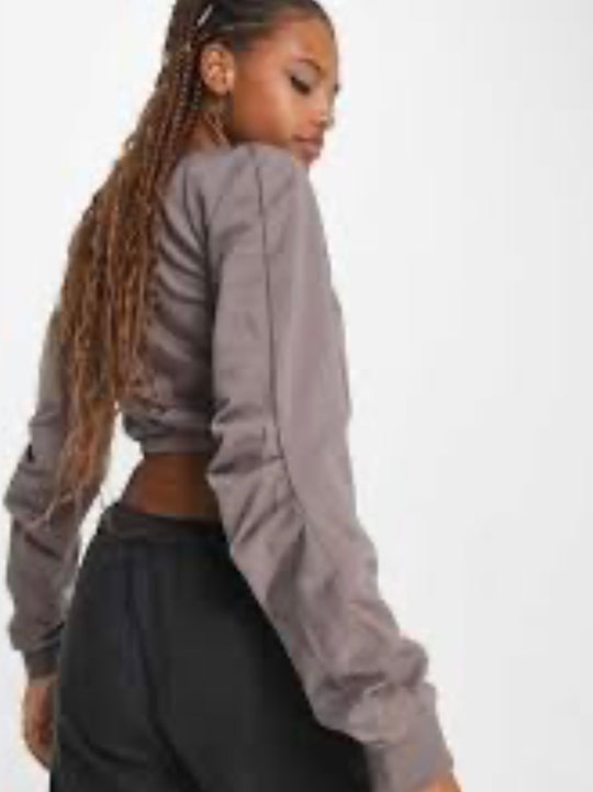 Urban Revivo long sleeve square neck crop top in brown-black