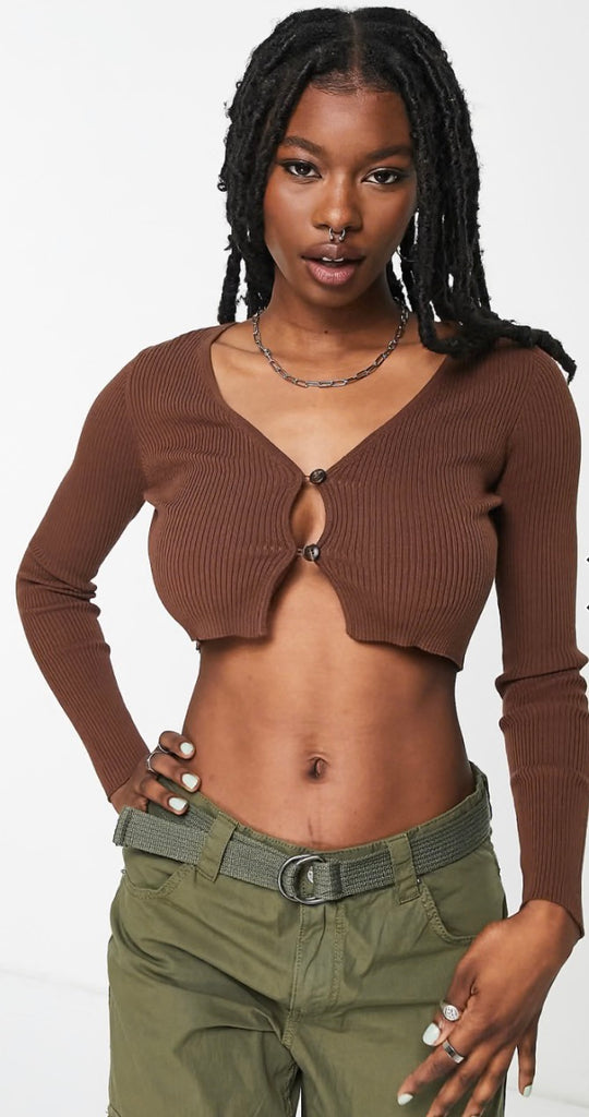 Signature 8 ribbed cropped cardigan in brown