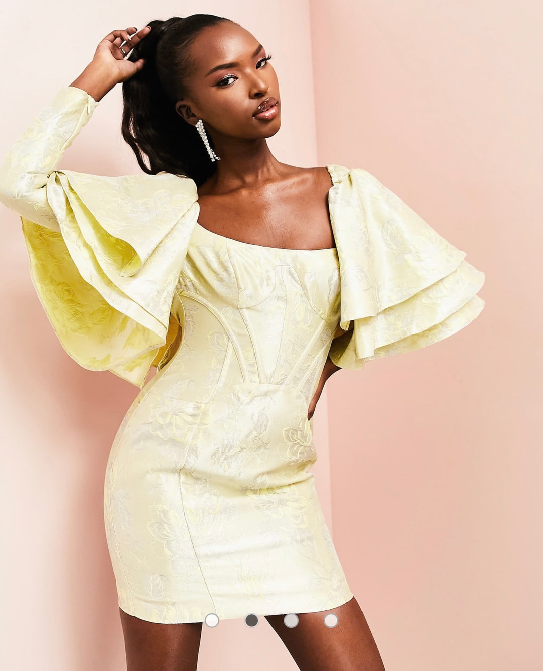 ASOS LUXE jacquard mini dress with triple ruffle shoulder in pastel yellow