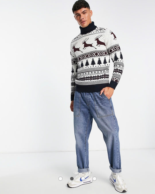 Brave Soul Christmas roll neck jumper in white multi