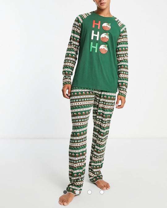 Brave Soul ho ho ho fairisle christmas pudding pyjama set in green