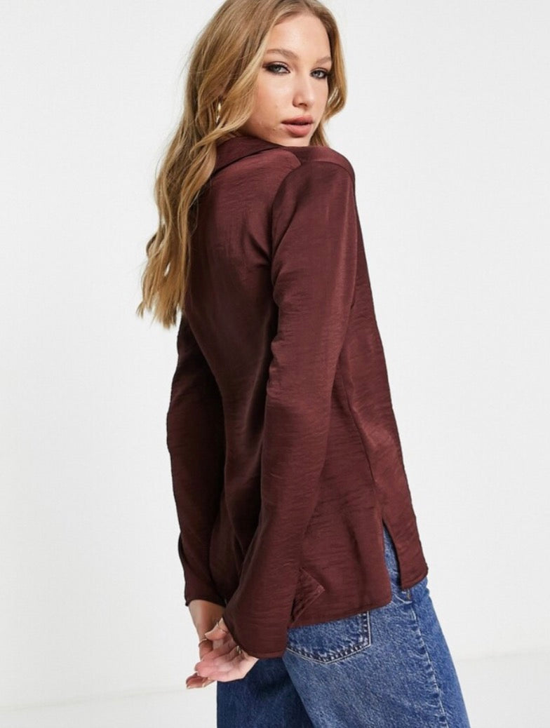 ASOS DESIGN 90S slim fit satin shirt in chocolate brown