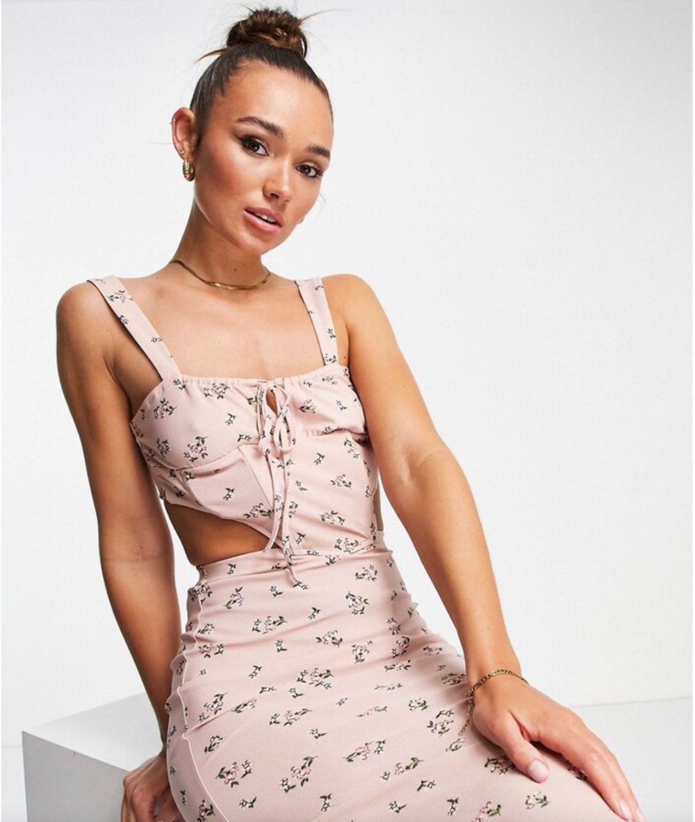 ASOS DESIGN sleeveless corset detail midi dress in baby pink ditsy
