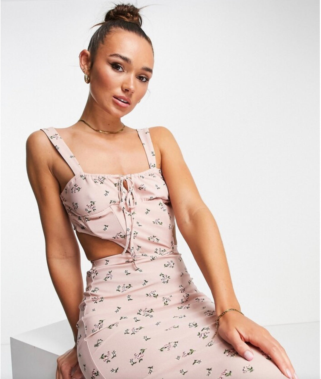 ASOS DESIGN sleeveless corset detail midi dress in baby pink ditsy