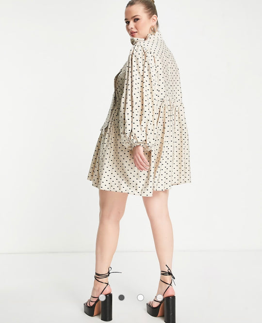 Sister Jane Plus puff sleeve mini dress with bow in heart print in beige