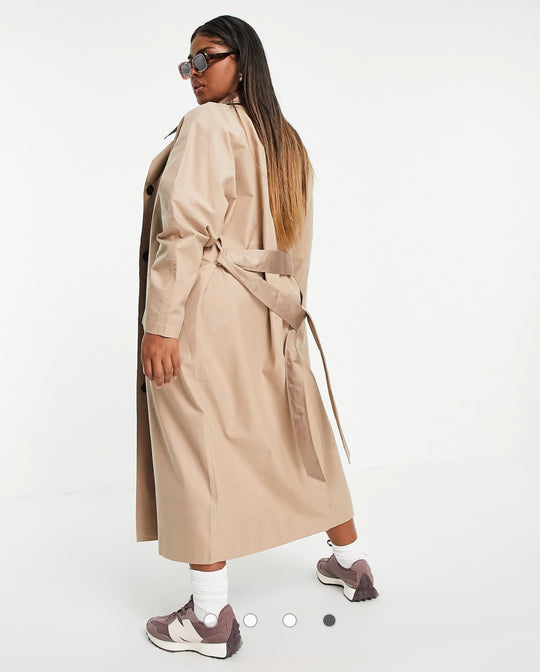 ASOS DESIGN Curve sateen detail boyfriend trench coat in mocha