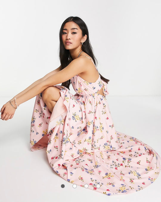 Collective the Label bow back tiered midi dress in pink ditsy print