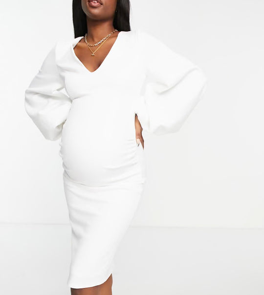 True Violet Maternity plunge balloon sleeve midi dress in white
