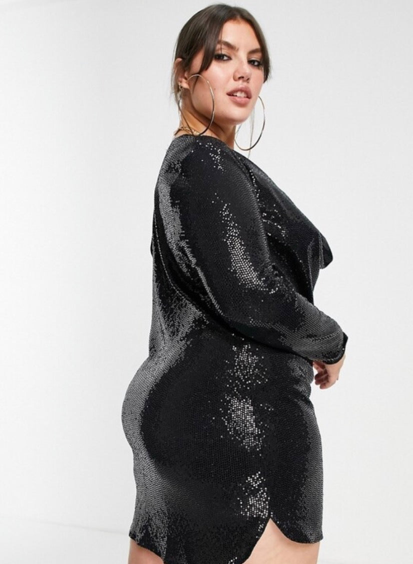 Flounce London Plus sequin cowl neck mini dress in black