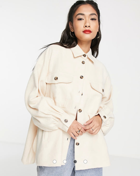 ASOS DESIGN oversized shacket in cream with tortoiseshell buttons