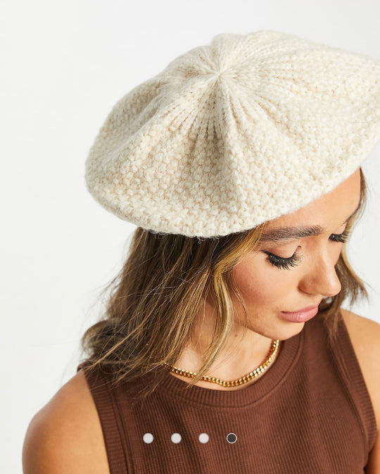 ASOS DESIGN recycled blend crochet knit beret in cream